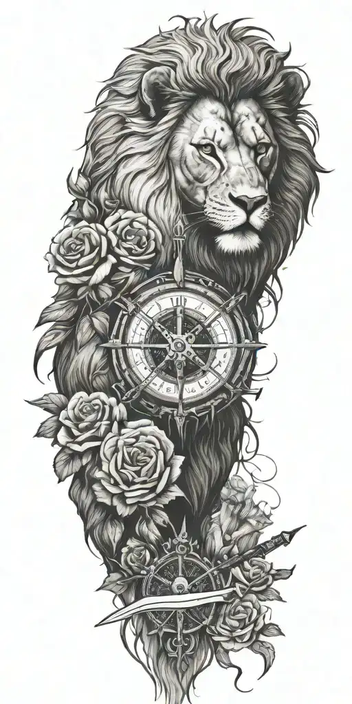 rose, death, lion, Greek, sword, medieval, compass, Yggdrasil  tattoo design idea