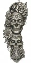 roses, Japanese death mask, compass, mythology tattoo tattoo design idea
