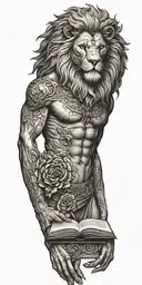 lion, death, rose, Greek god atlas holding open book surrounded tattoo design idea