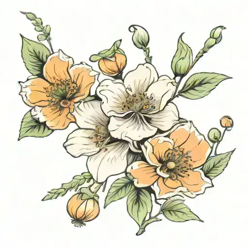Apple blossom and orange poppies blooming tattoo design idea