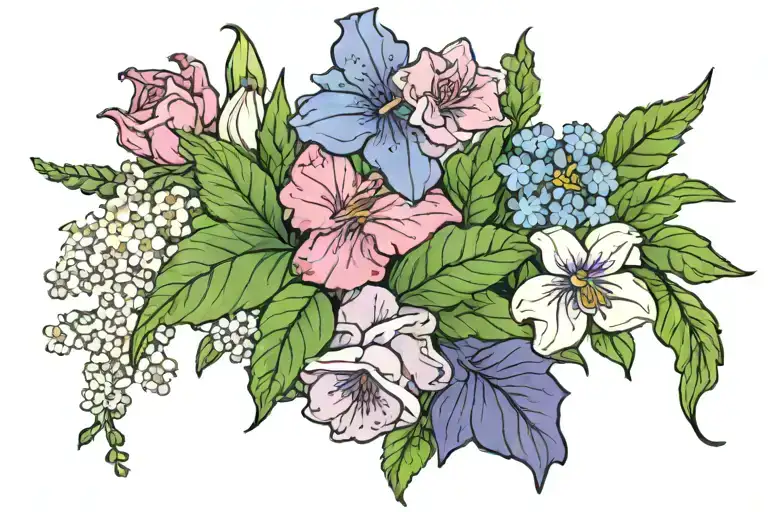 Lavender, rose, violet, green carnation, lilies, trilliums, pansies, white forget me not, pink forget me not, blue forge tattoo design idea