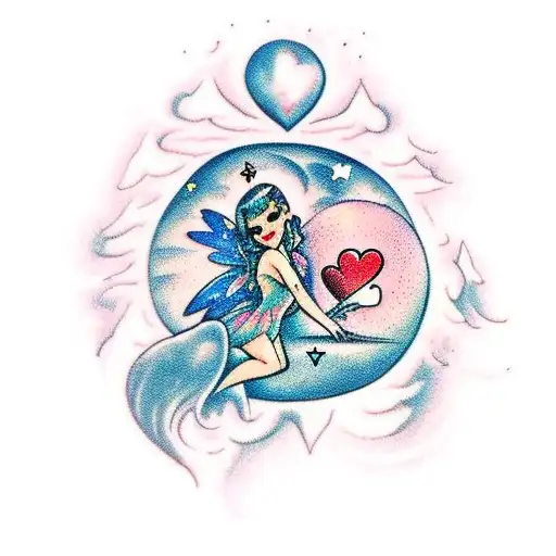 Fairy sitting on moon holding a heart on wand tattoo design idea