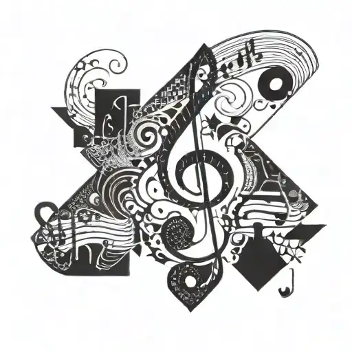 A geometric design incorporating musical notes and symbols, with hidden initials of your kids' names tattoo design idea