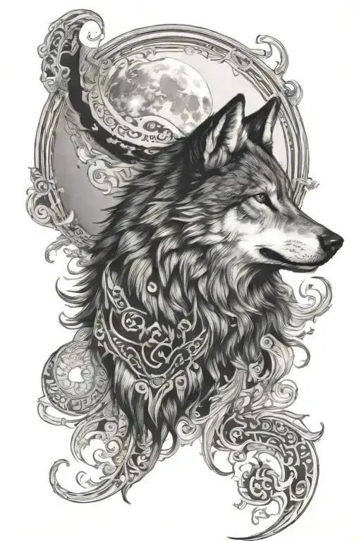 A black-grey tattoo of a wolf howling at the moon, with intricate details in the fur and eyes tattoo design idea
