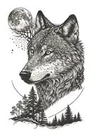 A dotwork portrait of a wolf in a moonlit forest setting, symbolizing the connection between wolves and the night tattoo design idea