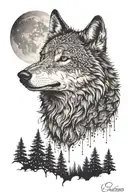 A dotwork portrait of a wolf in a moonlit forest setting, symbolizing the connection between wolves and the night tattoo design idea