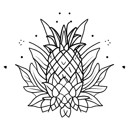 A minimalist tattoo of a pineapple with sunglasses, surrounded by various tropical fruits like mango, watermelon, and papaya. tattoo design idea
