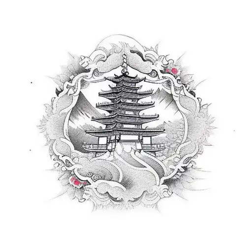 Pagoda tattoo located on the shin, contemporary style.