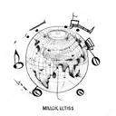 A map of the world made up of musical notes, with an airplane flying over the client's favorite cities tattoo design idea