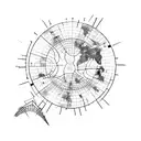 A map of the world made up of musical notes, with an airplane flying over the client's favorite cities tattoo design idea