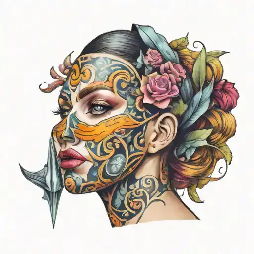 big breast woman wearing facemask tattoo design idea
