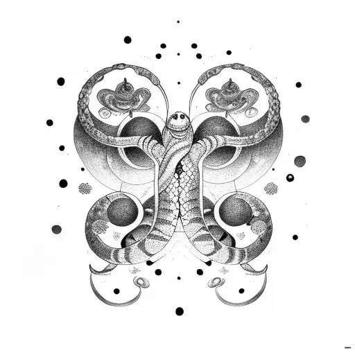 Moon and snake and butterfly tattoo design idea
