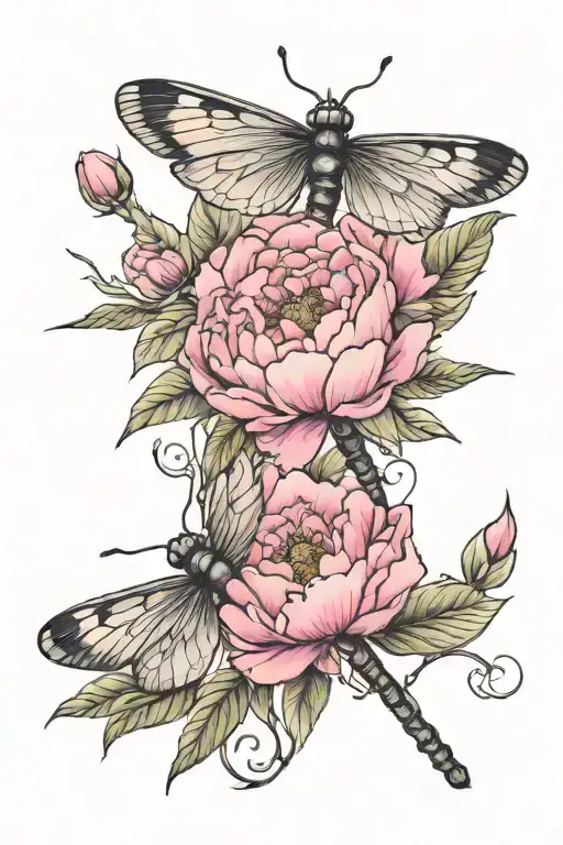 pink peonies dragonflies butterflies tattoo design idea