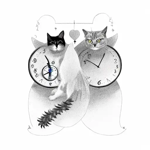 two black cats facing each other with angel wings and halos with a clock behind them tattoo design idea