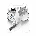 two black cats facing each other with angel wings and halos with a clock behind them tattoo design idea