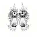 two black cats facing each other with angel wings and halos with a clock behind them tattoo design idea