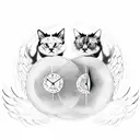 two black cats facing each other with angel wings and halos with a clock behind them tattoo design idea