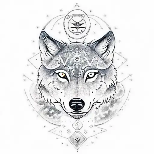 Design a tattoo featuring your zodiac sign (virg) and date of birth in a dotwork style, with a wolf as a central element tattoo design idea