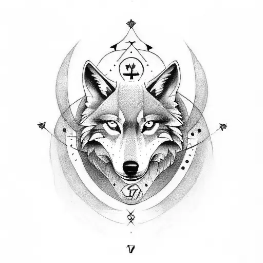 Design a tattoo featuring your zodiac sign (virg) and date of birth in a dotwork style, with a wolf as a central element tattoo design idea