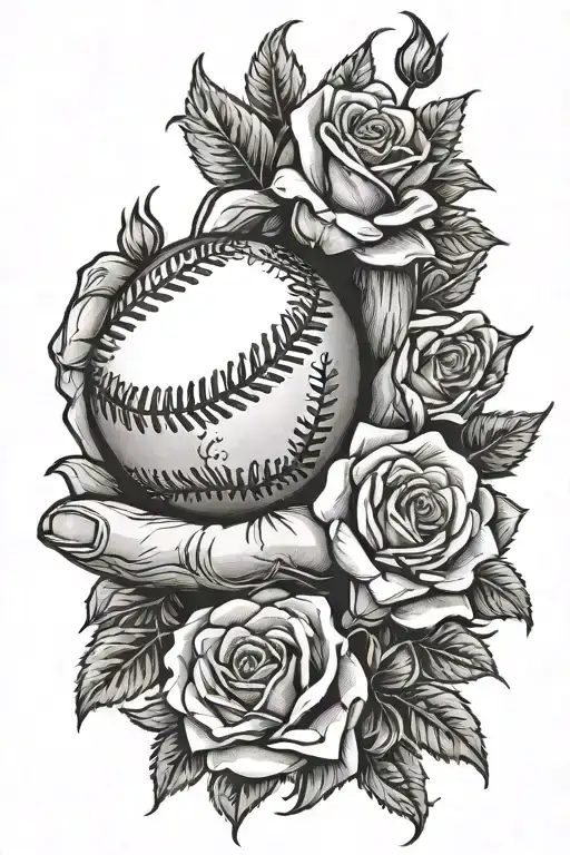 baseball in hand with roses growing tattoo design idea