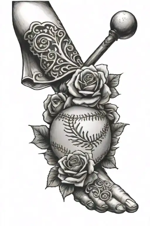 baseball in hand with cross and roses tattoo design idea