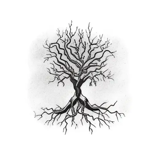 Tree with roots ,lightning, feathers, swords, ancient Greek statues tattoo design idea