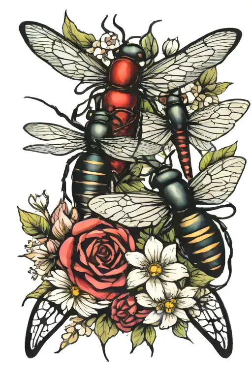 dragonfly and stag beetle with flowers tattoo design idea