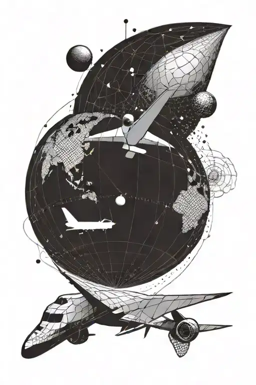 An abstract geometric design representing the energy of techno music with a globe and airplane silhouette tattoo design idea