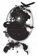 An abstract geometric design representing the energy of techno music with a globe and airplane silhouette tattoo design idea