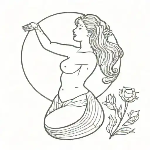 Black and white line work mermaid reaching for the sun with a rose in her hair no background  tattoo design idea