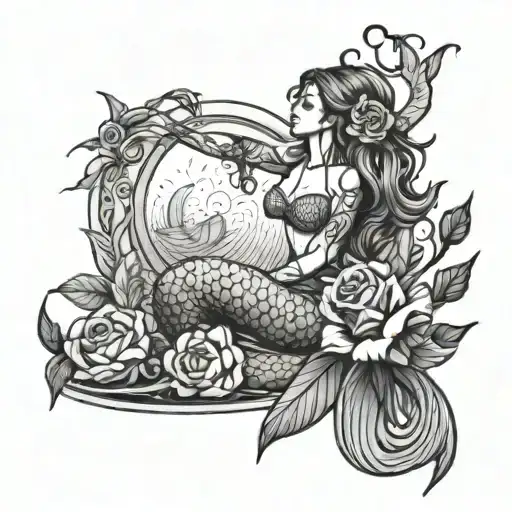 Black and white line work mermaid reaching for the sun with a rose in her hair no background  tattoo design idea