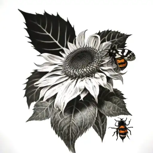 Realistic black and gray sunflower head tattoo with washed out color, leaves, and one small bumble bee, and one ladybug tattoo design idea