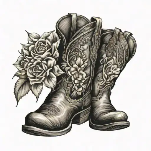 cowboy boot with February, October, November, December birth flowers tattoo design idea