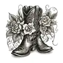 cowboy boot with February, October, November, December birth flowers tattoo design idea