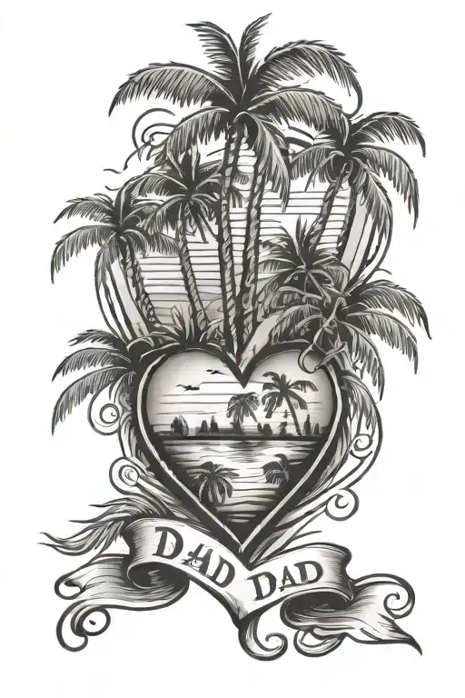 dad memorial tattoo with palm trees in a heart shape tattoo design idea