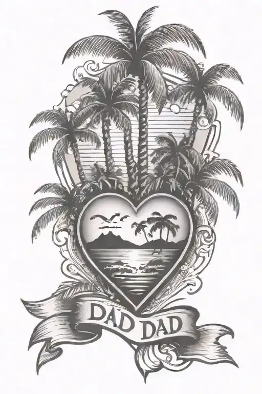 dad memorial tattoo with palm trees in a heart shape tattoo design idea