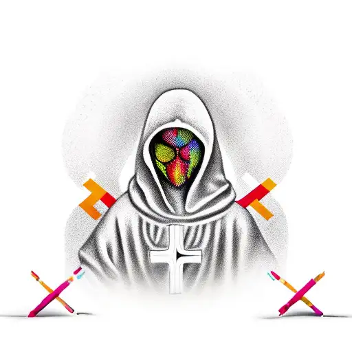 An intricately designed hooded figure holding a cross in a new-school style tattoo design idea