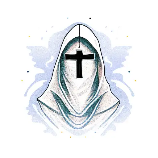 An intricately designed hooded figure holding a cross in a new-school style tattoo design idea