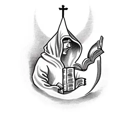 A traditional tattoo of a hooded figure reading a Bible, symbolizing the client's Christian beliefs tattoo design idea