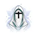 An intricately designed hooded figure holding a cross in a new-school style tattoo design idea