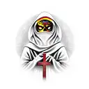 An intricately designed hooded figure holding a cross in a new-school style tattoo design idea