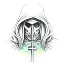 An intricately designed hooded figure holding a cross in a new-school style tattoo design idea