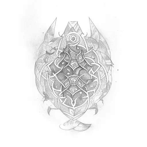 A pangolin adorned with ancient symbols and surrounded by a mystical forest tattoo design idea