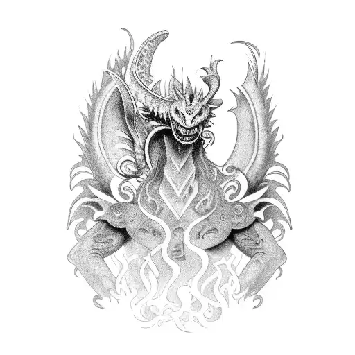 Combine ancient history and video games to create a tattoo featuring a mythical annunaki warrior battling a dragon in a lush forest. tattoo design idea