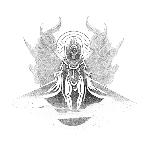 An annunaki-inspired creature emerging from the depths of a dark and mysterious lake tattoo design idea