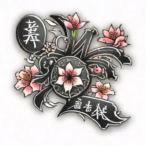 love in japanese with sakura flowers tattoo design idea
