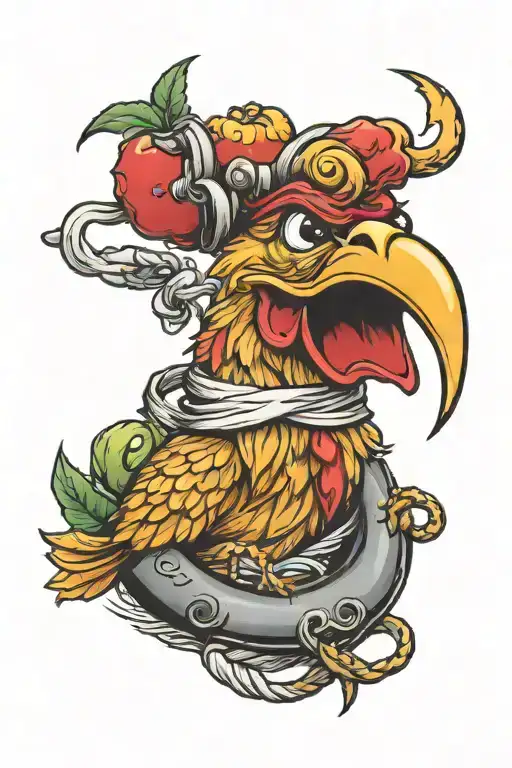 Chicken holding a pickle and anchor intertwined tattoo design idea