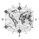world map superimposed on compass rose tattoo design idea