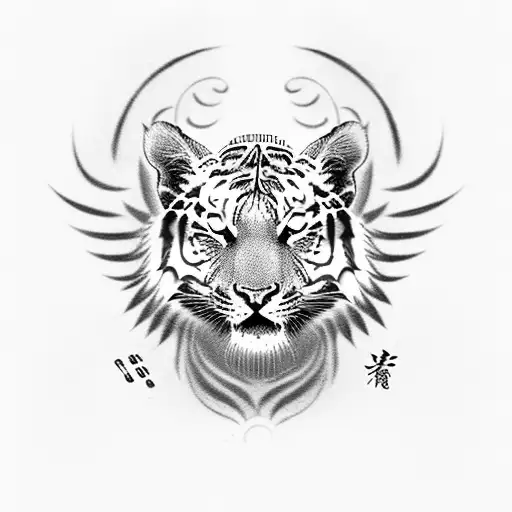 phoenix tiger and in the middle of them three words in chinese character "Born,Life,Death" tattoo design idea