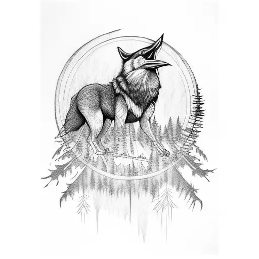 Raven with wolf in the forest tattoo design idea